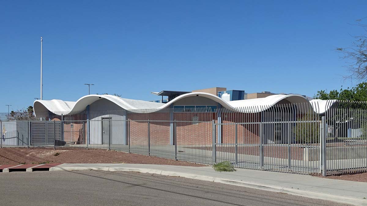 General view 1 of Walter Douglas Elementary School showing the thin-shell concrete roof in April 2024.