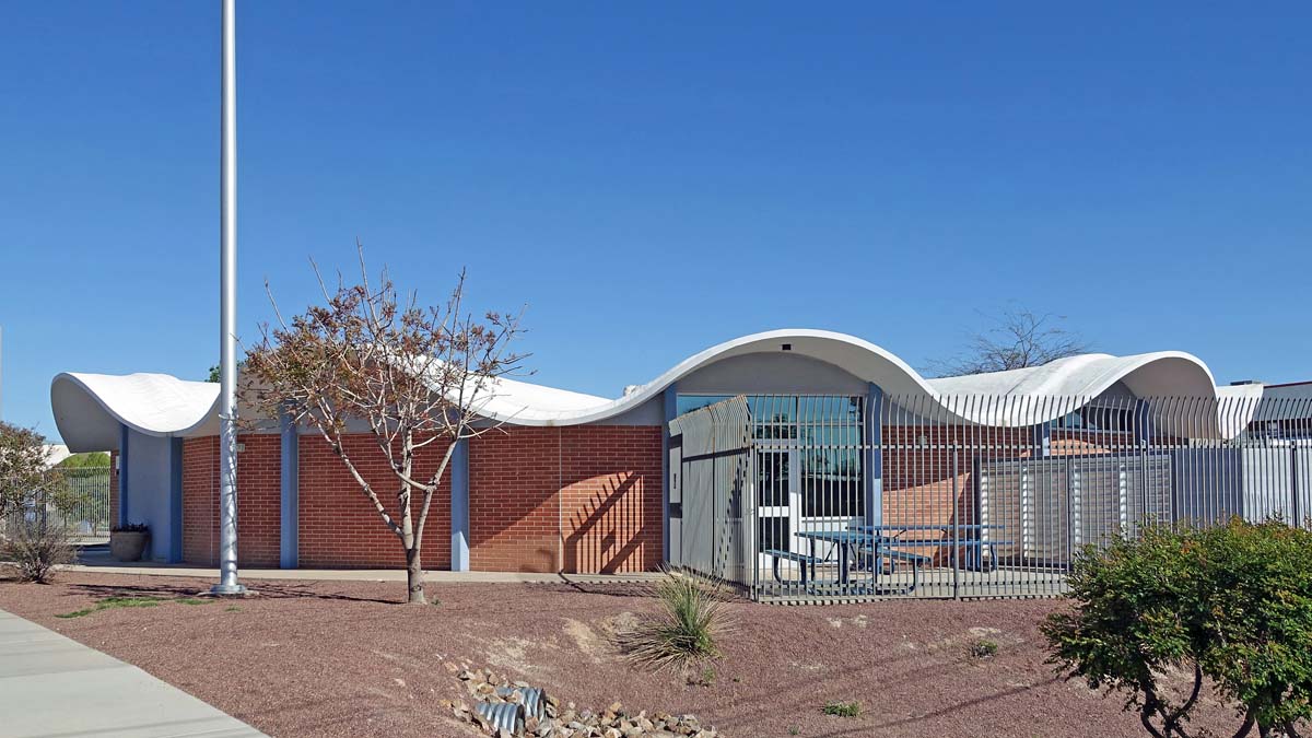 General view 2 of Walter Douglas Elementary School showing the thin-shell concrete roof in April 2024.