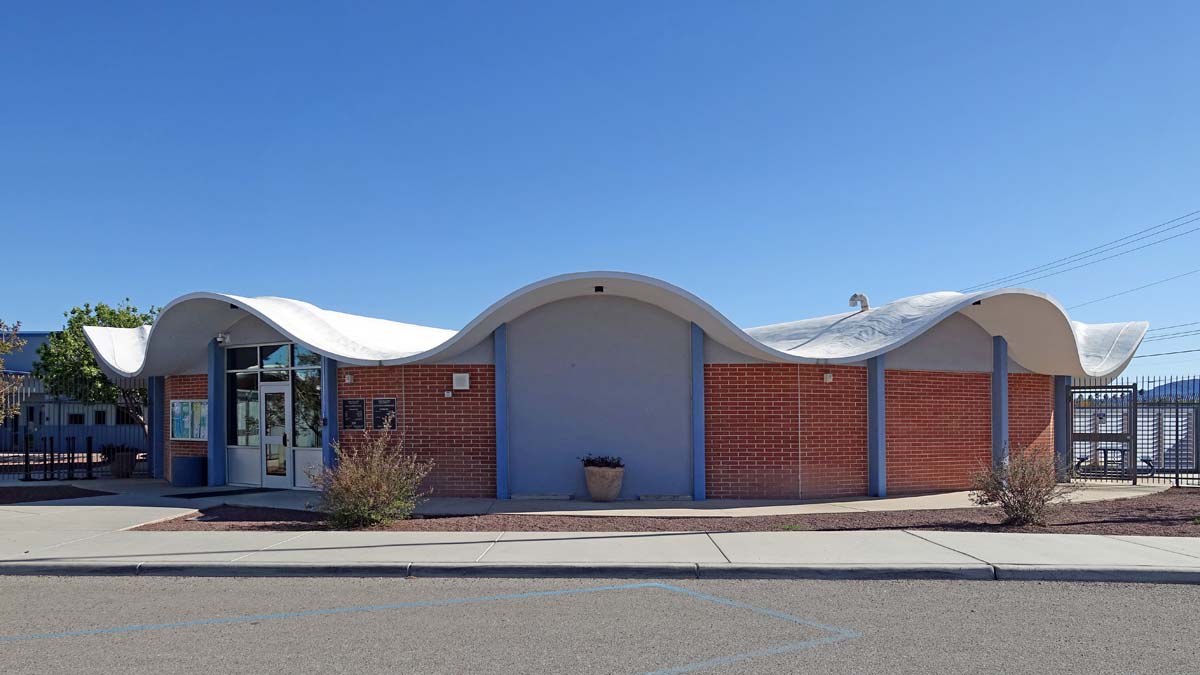 General view 3 of Walter Douglas Elementary School showing the thin-shell concrete roof in April 2024.