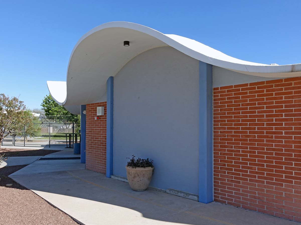 General view 4 of Walter Douglas Elementary School showing the thin-shell concrete roof in April 2024.