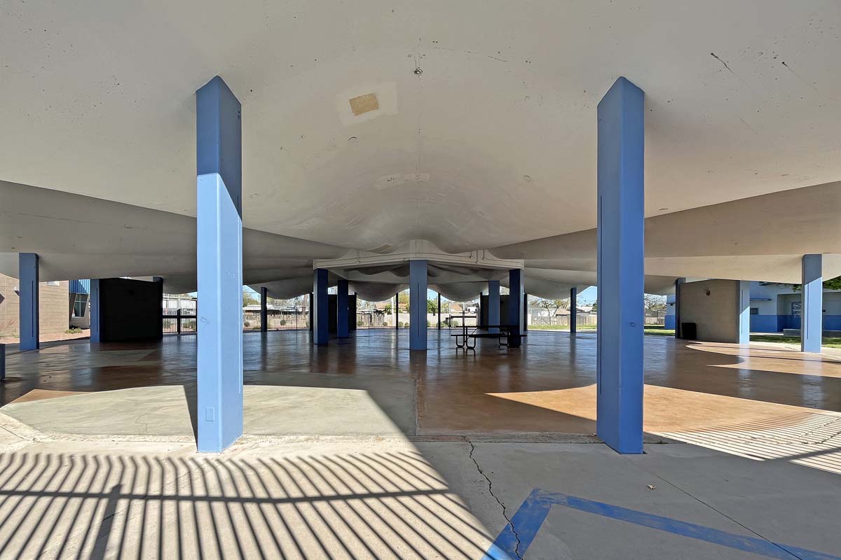 General view 6 of Walter Douglas Elementary School showing the thin-shell concrete roof in April 2024.