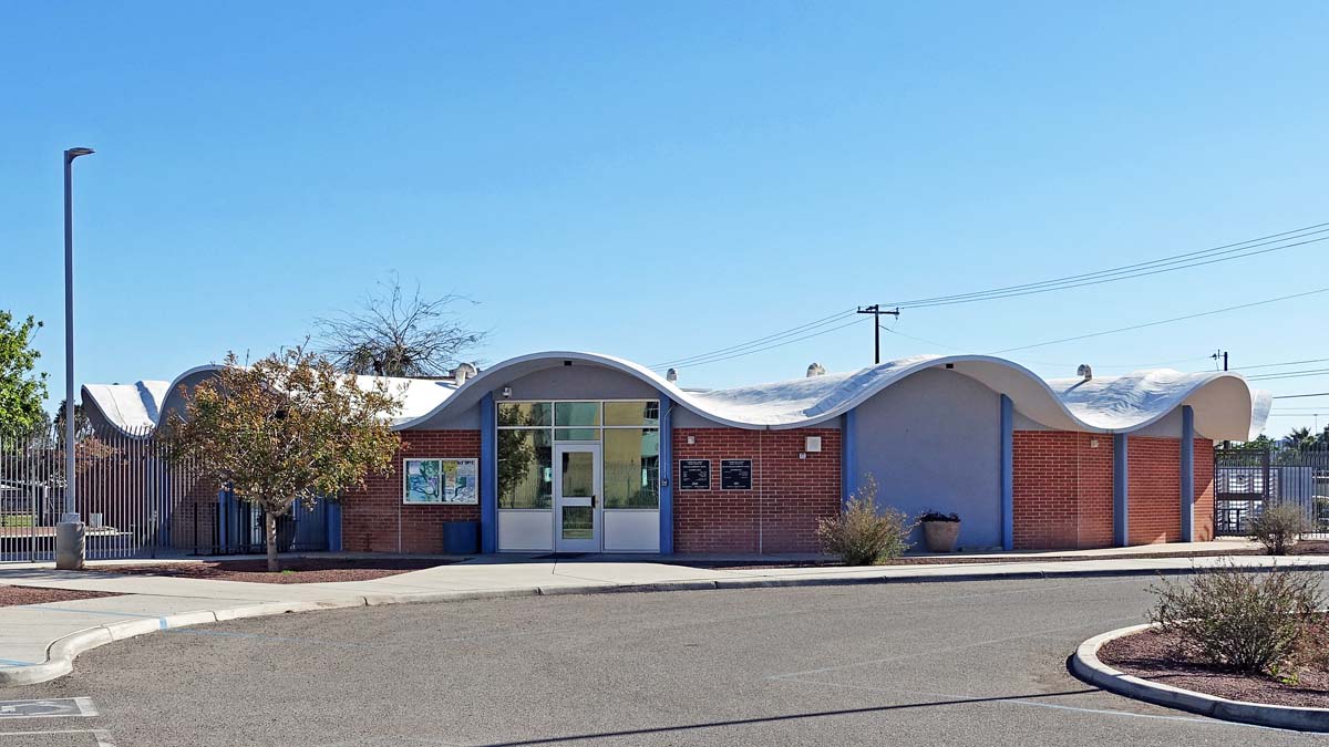 General view 7 of Walter Douglas Elementary School showing the thin-shell concrete roof in April 2024.