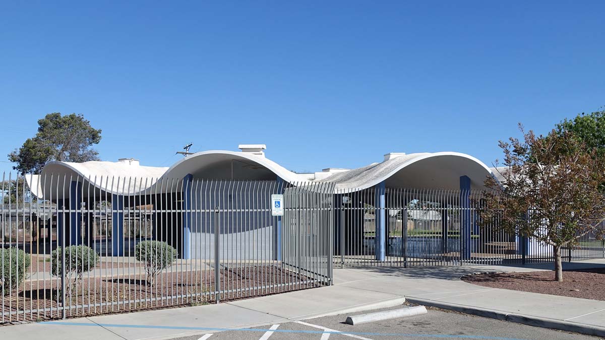 General view 8 of Walter Douglas Elementary School showing the thin-shell concrete roof in April 2024.