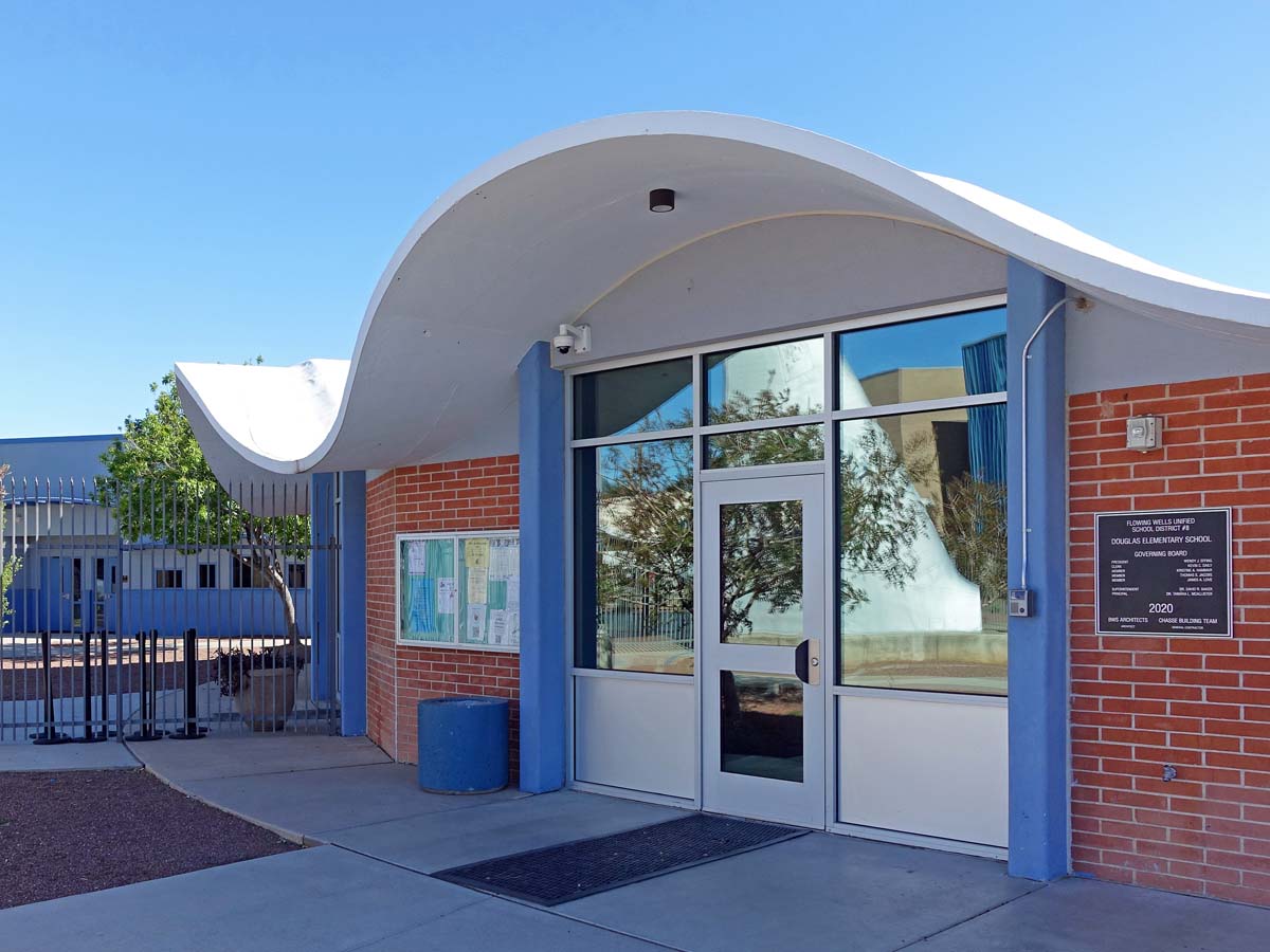General view 9 of Walter Douglas Elementary School showing the thin-shell concrete roof in April 2024.