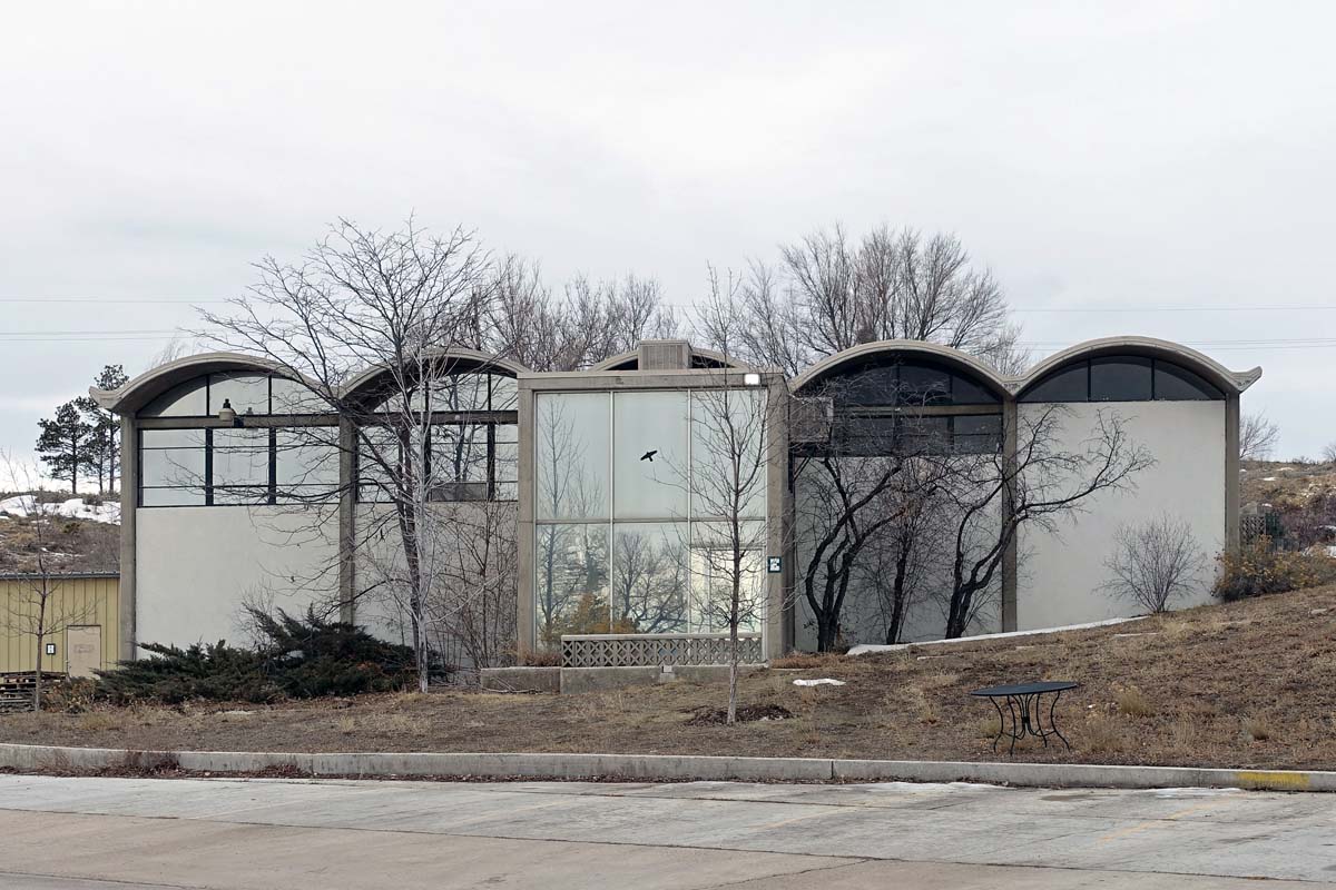 General view 1 of the Boettcher Cement testing building showing the barrel vaults of the thin-shell concrete roof in December 2019.