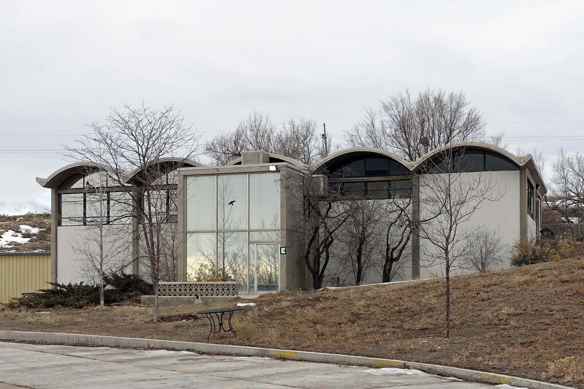 General view 2 of the Boettcher Cement testing building showing the barrel vaults of the thin-shell concrete roof in December 2019.