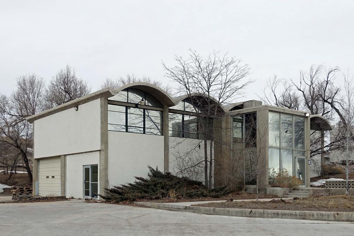 General view 3 of the Boettcher Cement testing building showing the barrel vaults of the thin-shell concrete roof in December 2019.