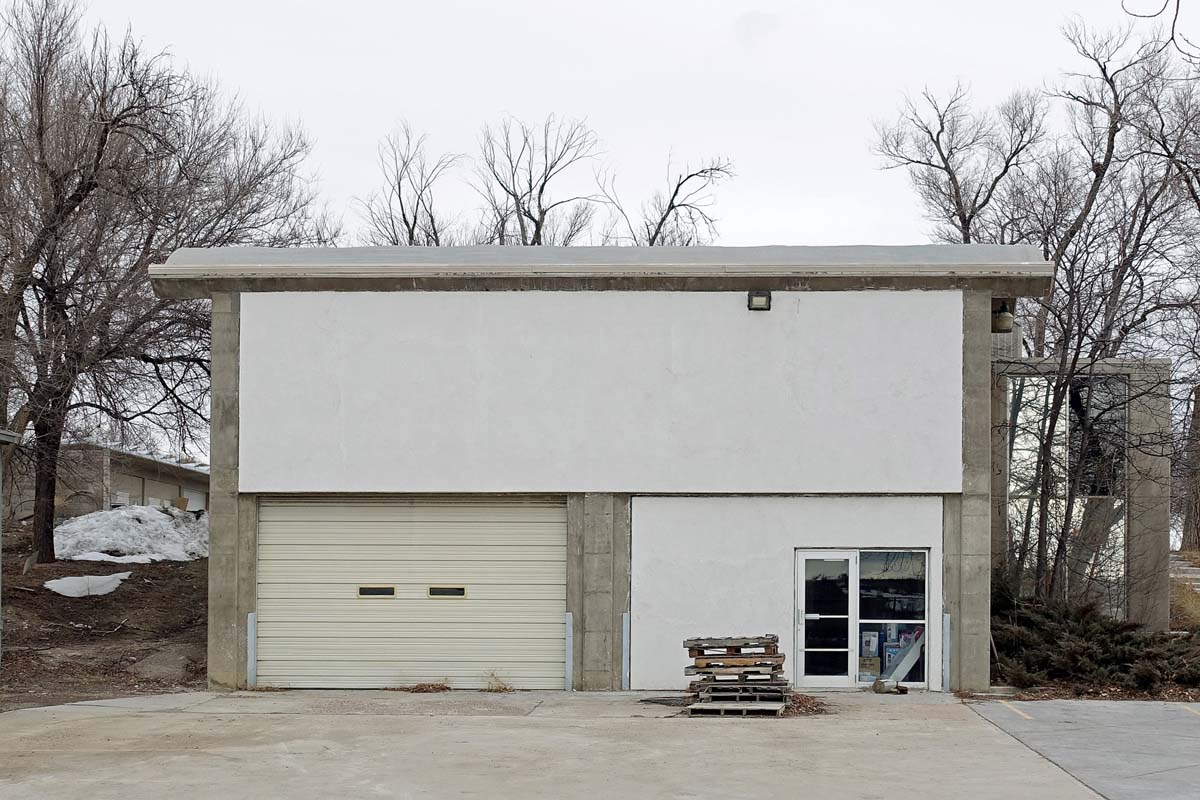 General view 4 of the Boettcher Cement testing building showing the barrel vaults of the thin-shell concrete roof in December 2019.