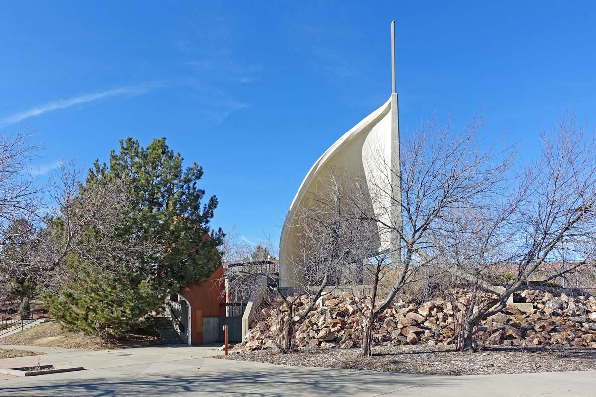 General view 1 of Cherry Creek State Park restroom building showing thin-shell concrete features in December 2019.