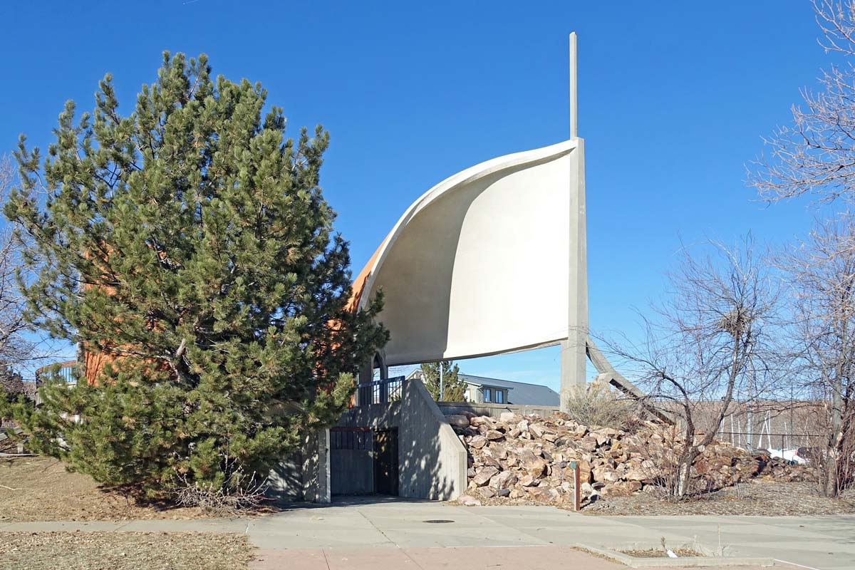 General view 2 of Cherry Creek State Park restroom building showing thin-shell concrete features in December 2019.