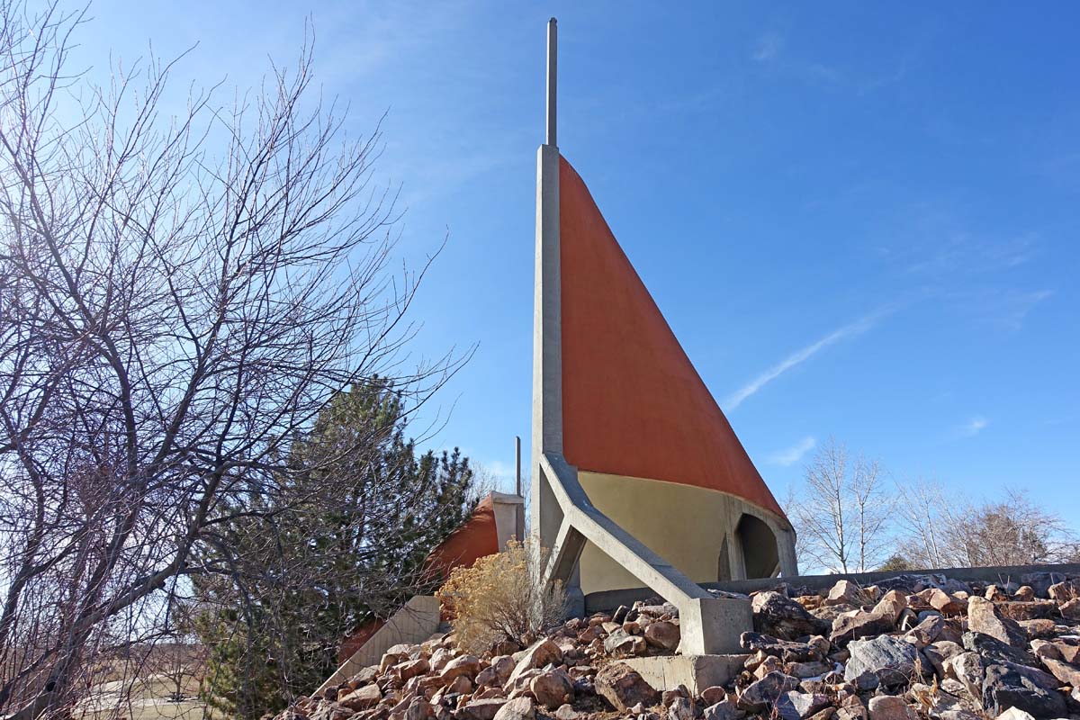 General view 3 of Cherry Creek State Park restroom building showing thin-shell concrete features in December 2019.