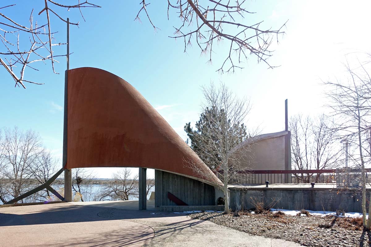 General view 4 of Cherry Creek State Park restroom building showing thin-shell concrete features in December 2019.