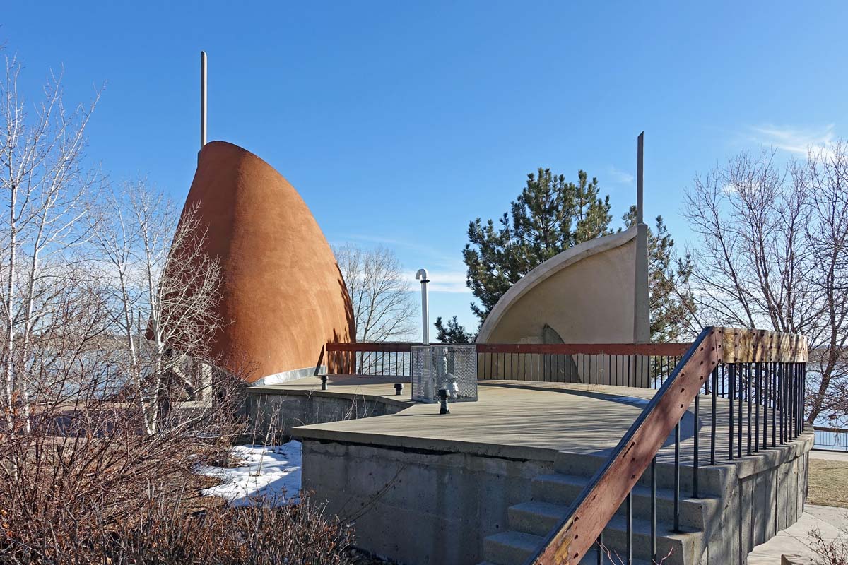 General view 5 of Cherry Creek State Park restroom building showing thin-shell concrete features in December 2019.