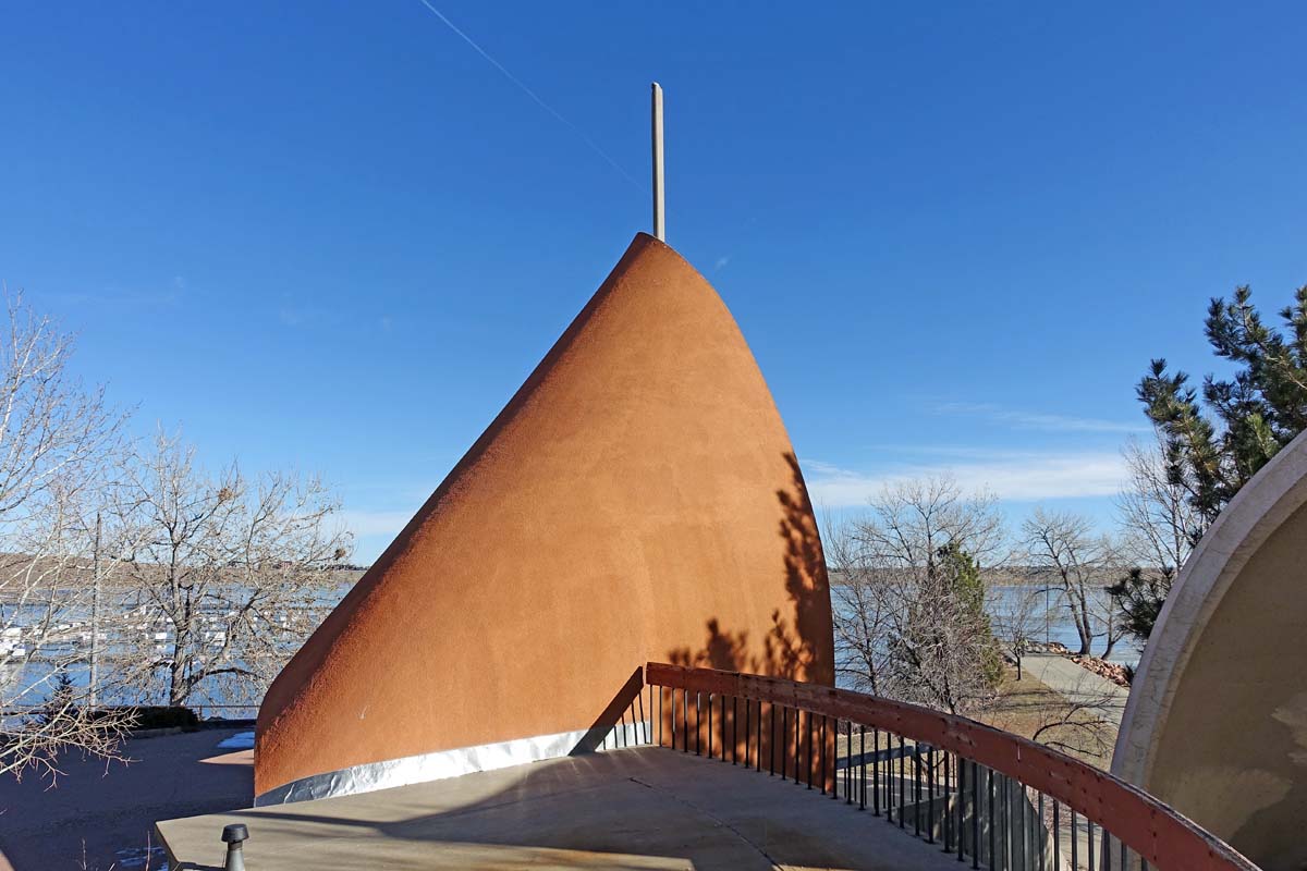 General view 6 of Cherry Creek State Park restroom building showing thin-shell concrete features in December 2019.