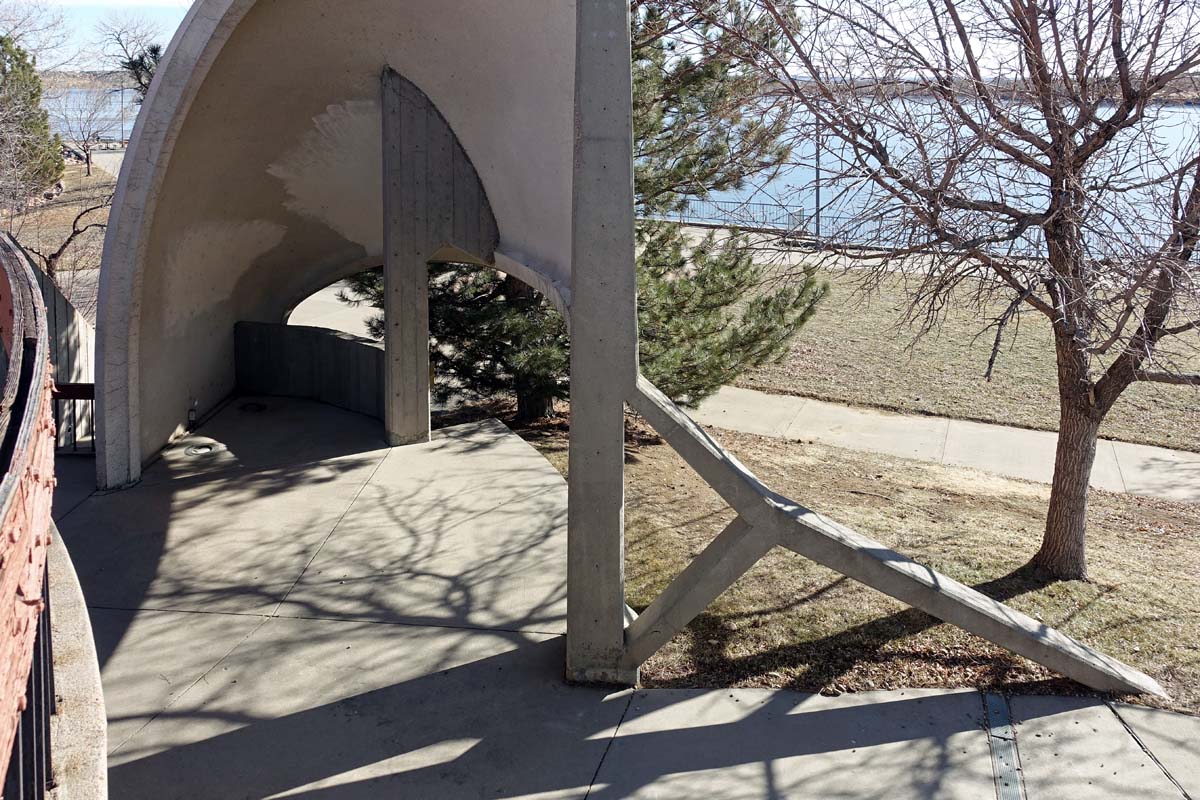 General view 7 of Cherry Creek State Park restroom building showing thin-shell concrete features in December 2019.