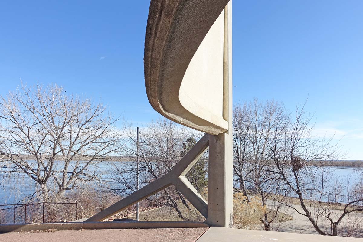 General view 8 of Cherry Creek State Park restroom building showing thin-shell concrete features in December 2019.