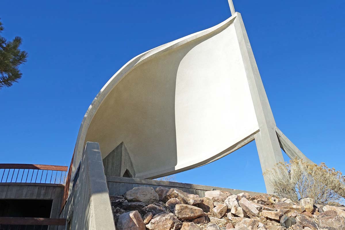 General view 9 of Cherry Creek State Park restroom building showing thin-shell concrete features in December 2019.