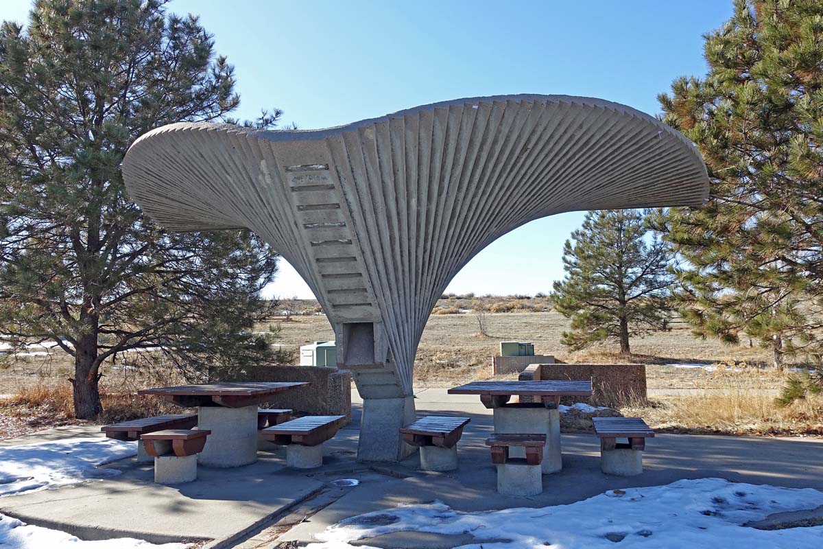 General view 1 of a Cherry Creek State Park shelter showing the concrete hyperbolic paraboloids in December 2019.