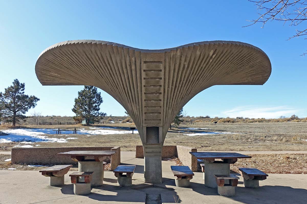 General view 2 of a Cherry Creek State Park shelter showing the concrete hyperbolic paraboloids in in December 2019.