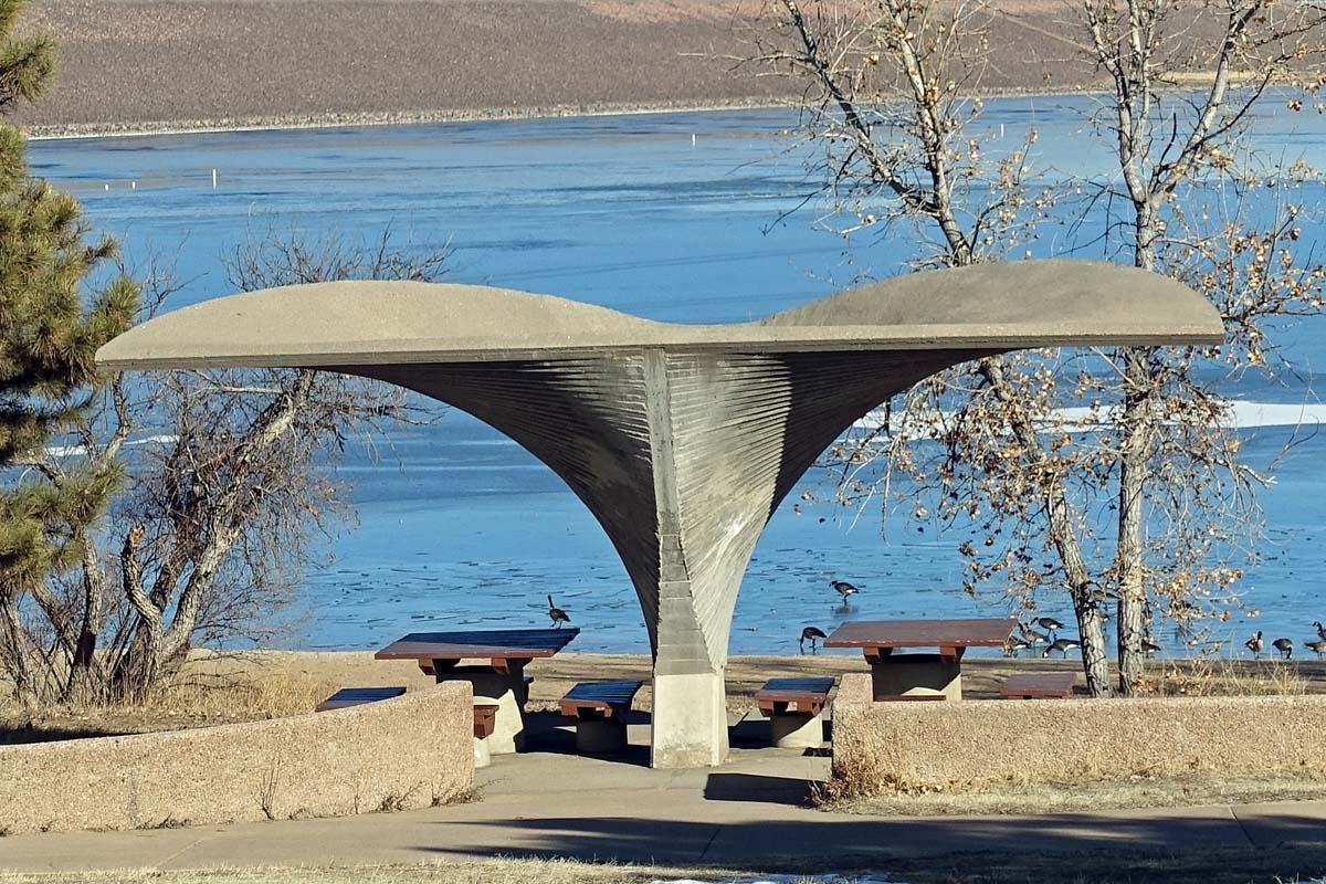 General view 3 of a Cherry Creek State Park shelter showing the concrete hyperbolic paraboloids in in December 2019.