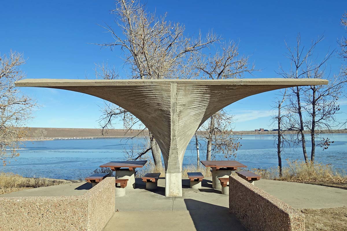 General view 4 of a Cherry Creek State Park shelter showing the concrete hyperbolic paraboloids in in December 2019.