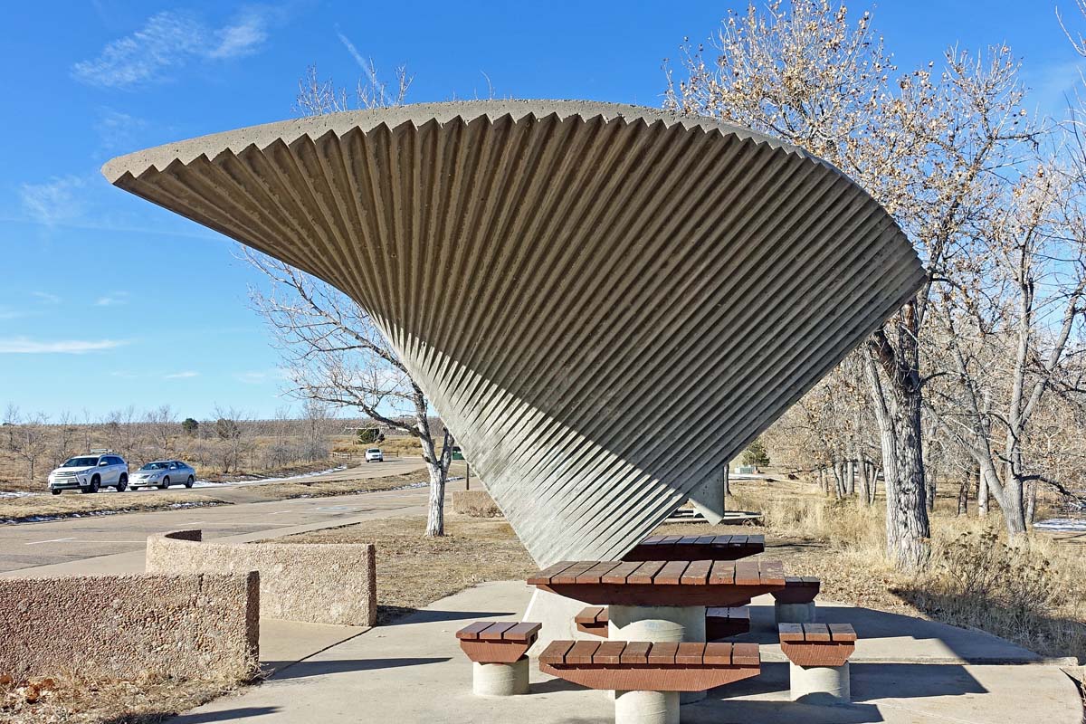 General view 5 of a Cherry Creek State Park shelter showing the concrete hyperbolic paraboloids in in December 2019.