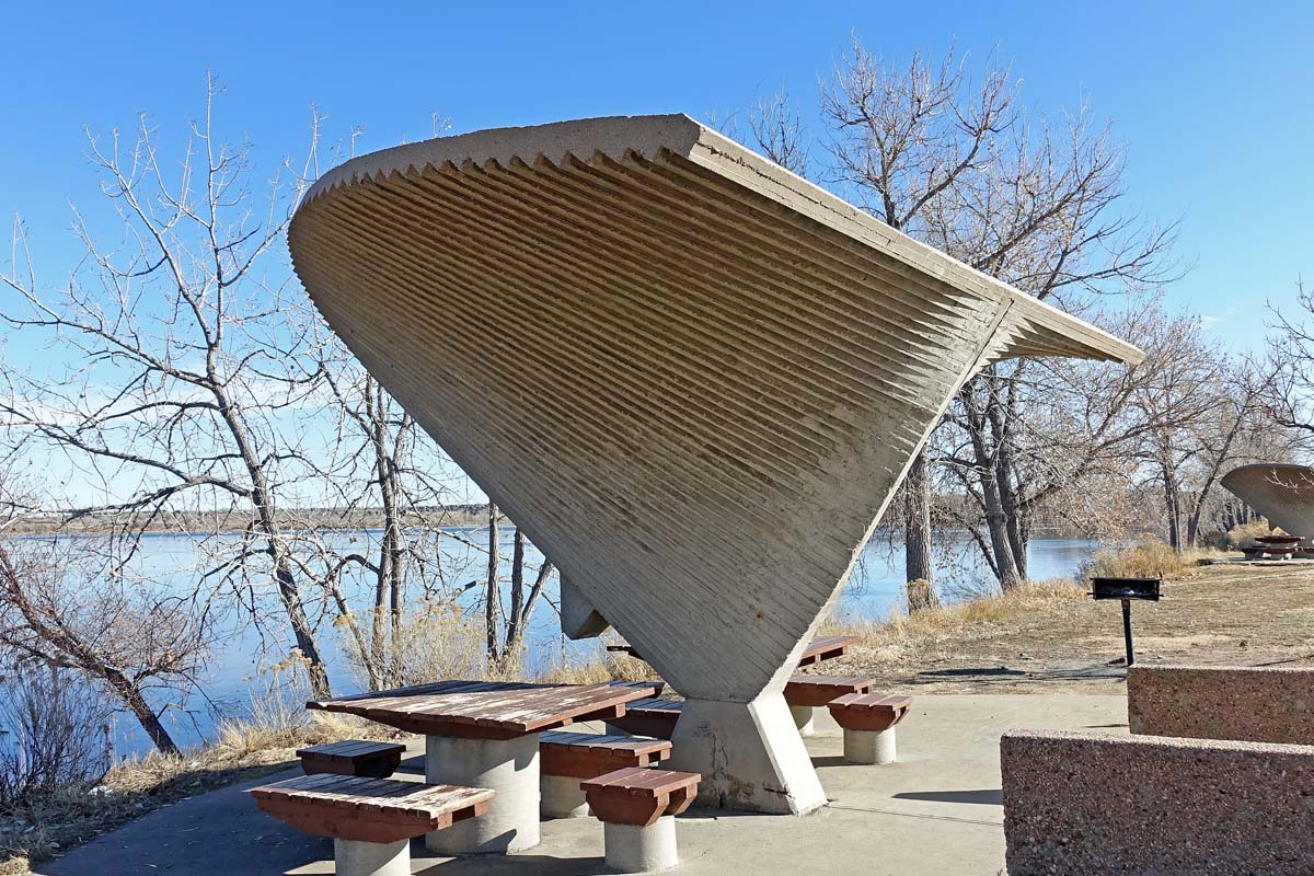 General view 6 of a Cherry Creek State Park shelter showing the concrete hyperbolic paraboloids in in December 2019.