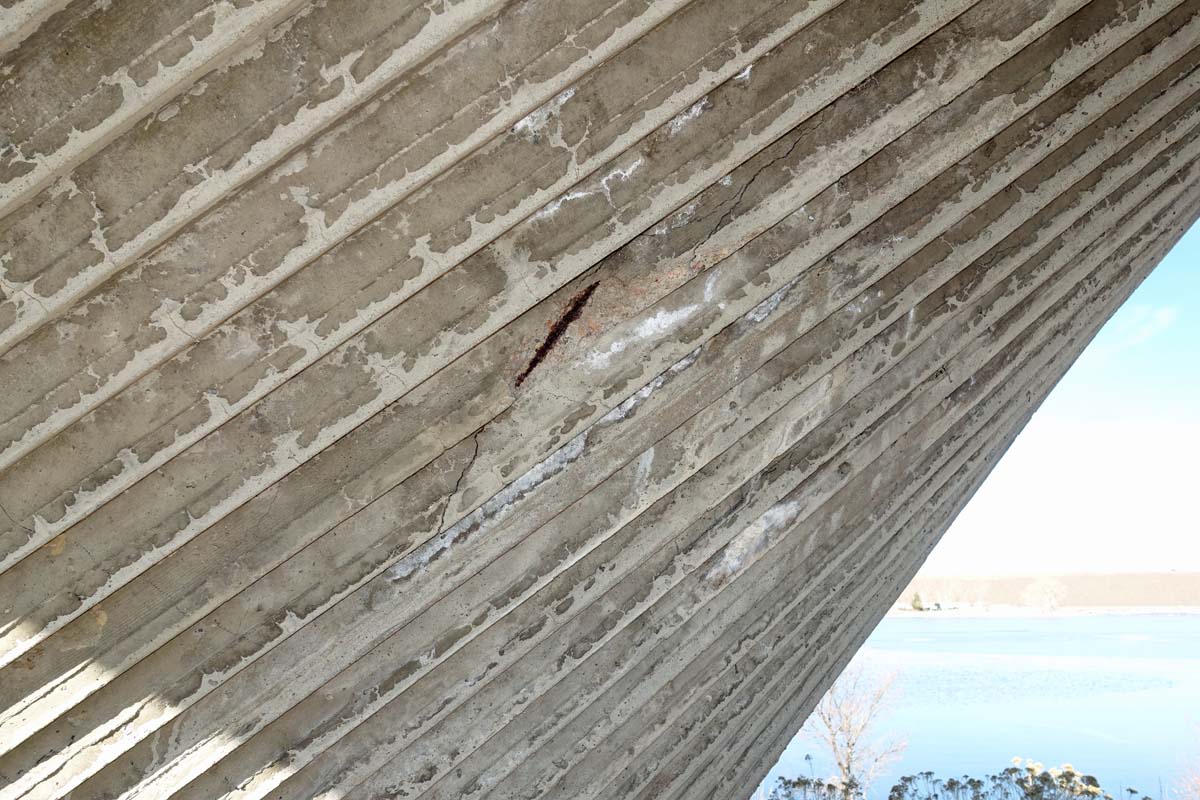 Close-up view 1 of a Cherry Creek State Park shelter showing area of spalling damage in December 2019.