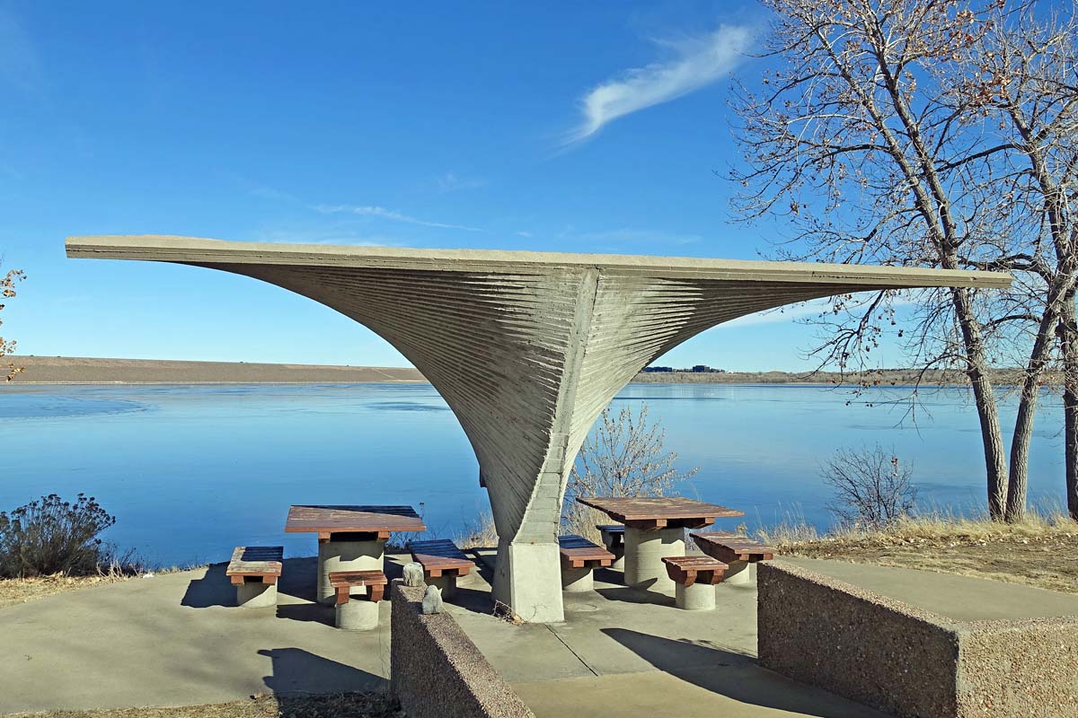 General view 10 of a Cherry Creek State Park shelter showing the concrete hyperbolic paraboloids in in December 2019.