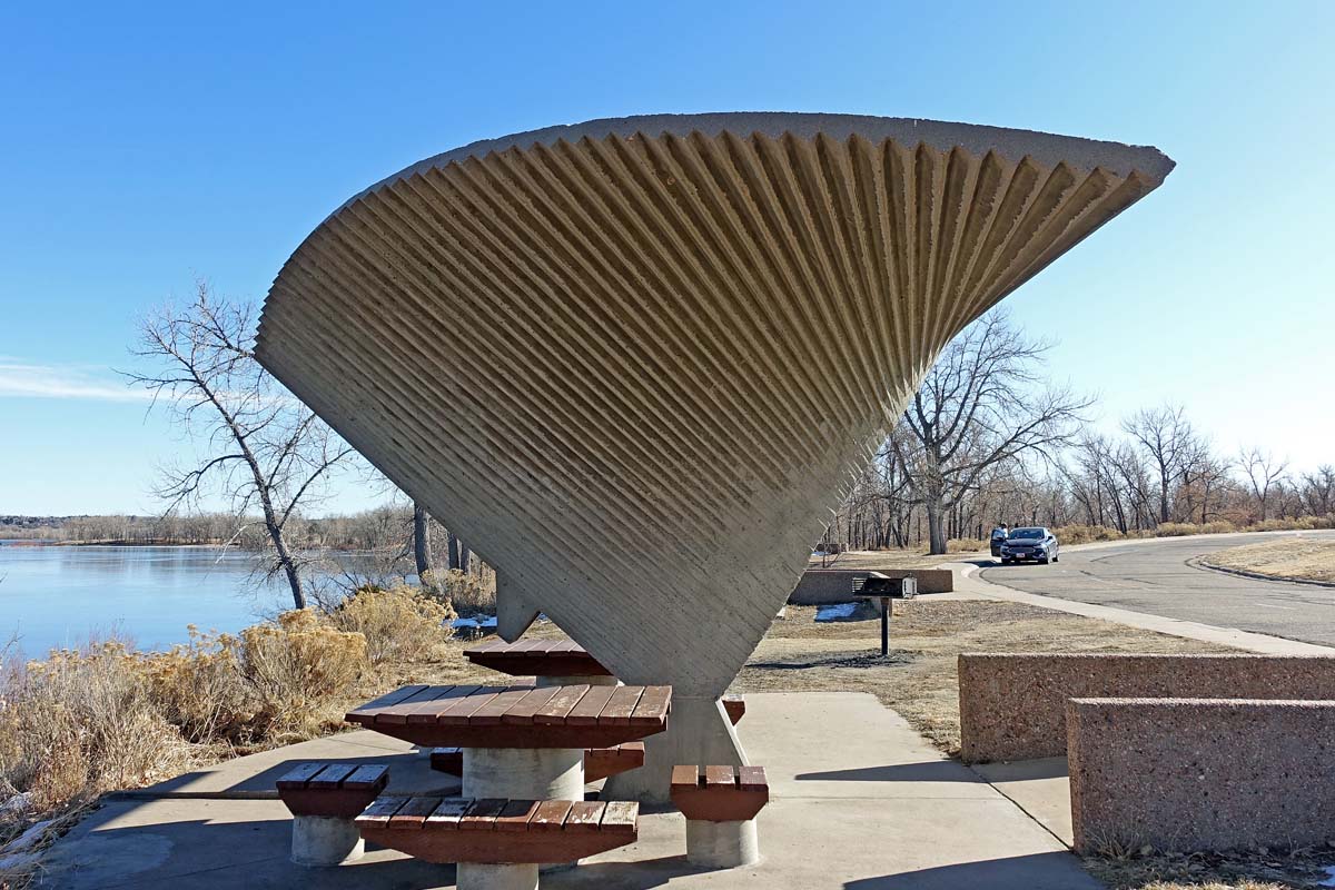 General view 7 of a Cherry Creek State Park shelter showing the concrete hyperbolic paraboloids in in December 2019.