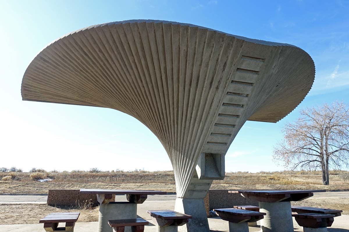 General view 8 of a Cherry Creek State Park shelter showing the concrete hyperbolic paraboloids in in December 2019.