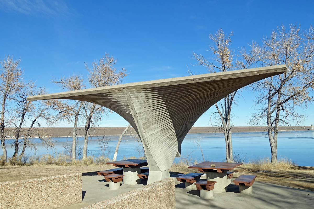 General view 9 of a Cherry Creek State Park shelter showing the concrete hyperbolic paraboloids in in December 2019.