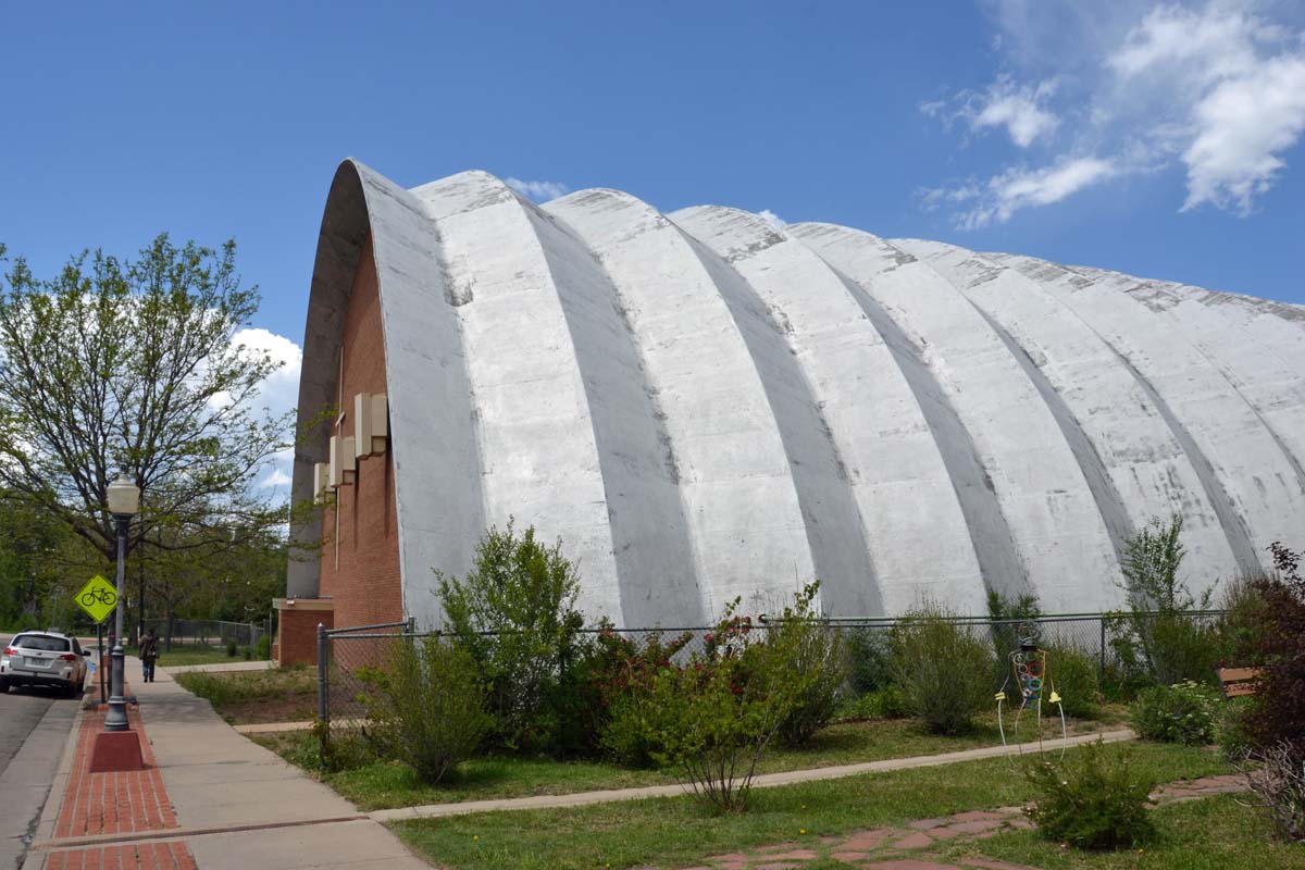 General view 2 of Holy Trinidad High School Gym showing the thin-shell concrete roof in May 2017.