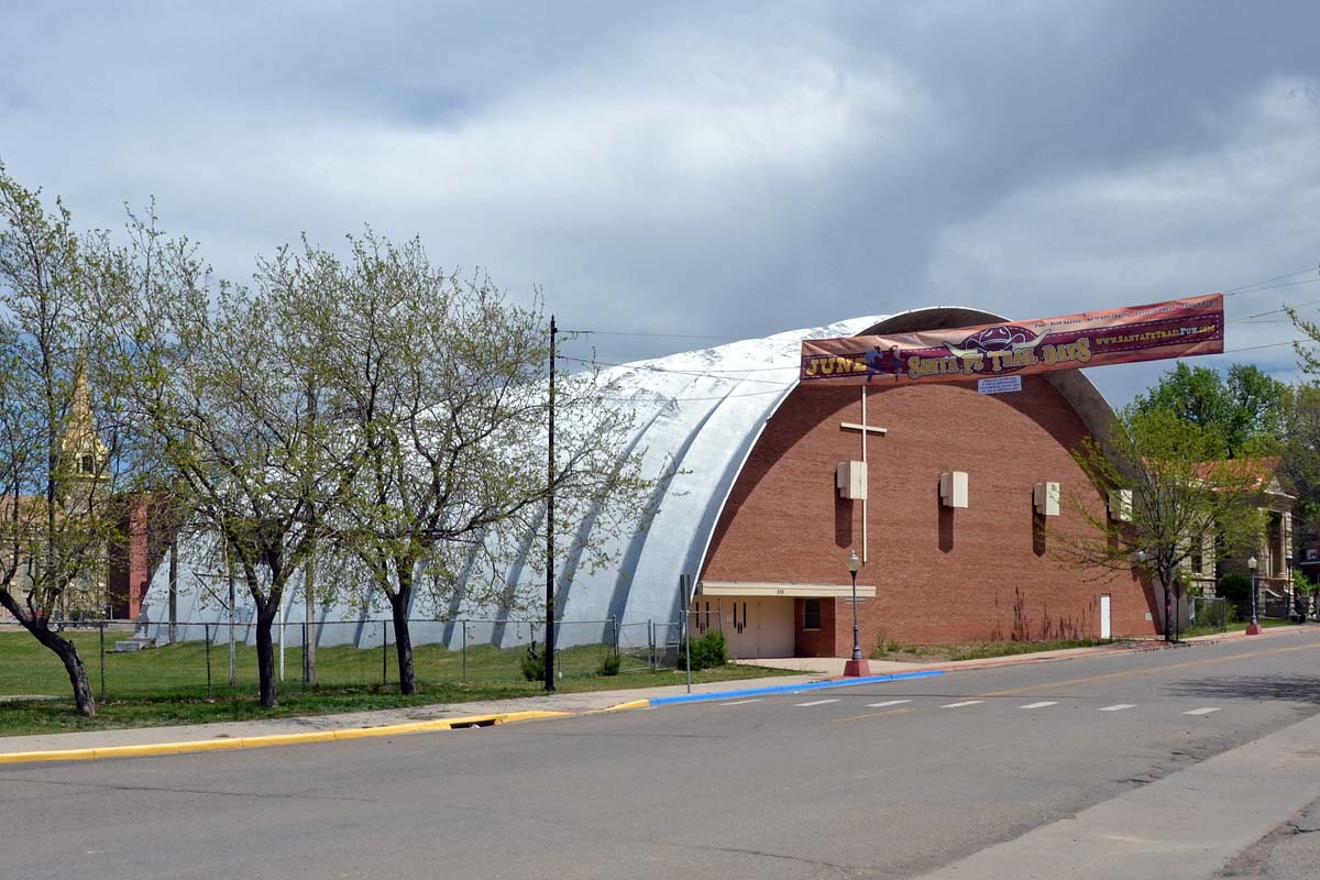 General view 3 of Holy Trinidad High School Gym showing the thin-shell concrete roof in May 2017.