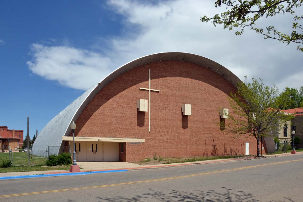 General view 4 of Holy Trinidad High School Gym showing the thin-shell concrete roof in May 2017.