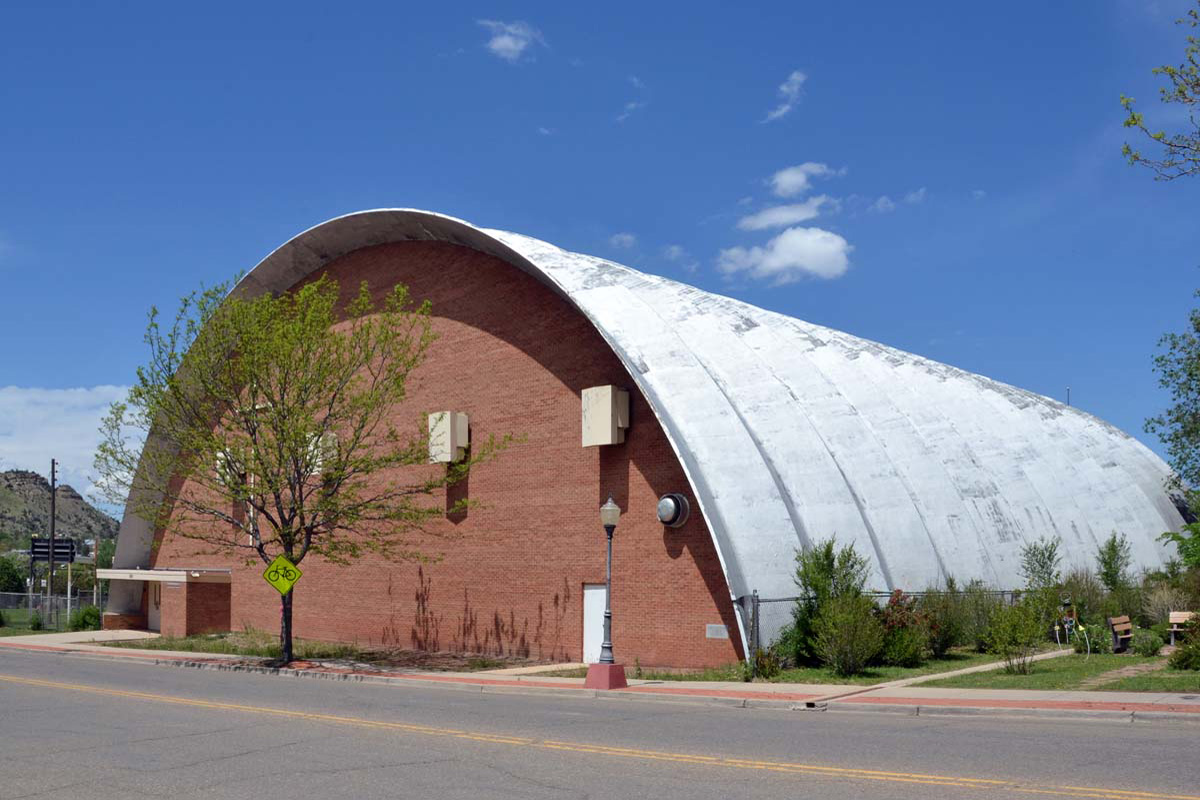 General view 5 of Holy Trinidad High School Gym showing the thin-shell concrete roof in May 2017.