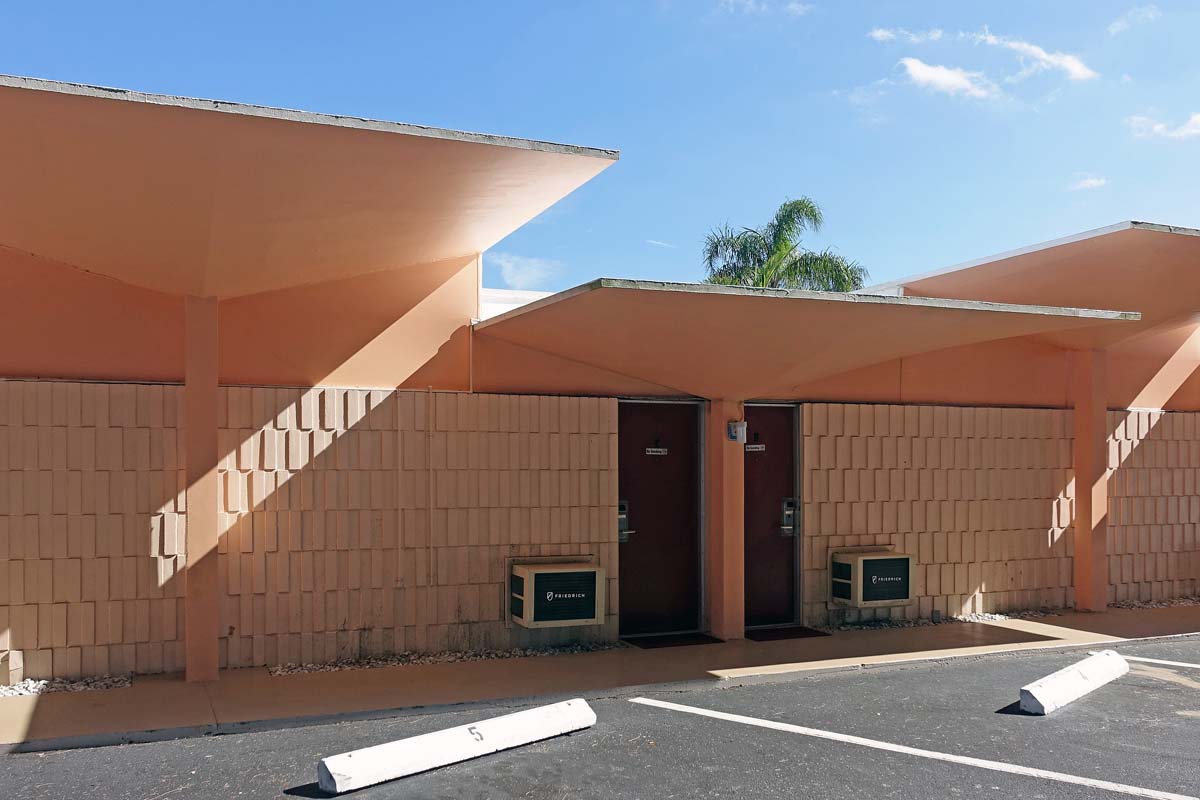 General view 1 of Warm Mineral Springs Inn showing the thin-shell concrete roof in January 2019.