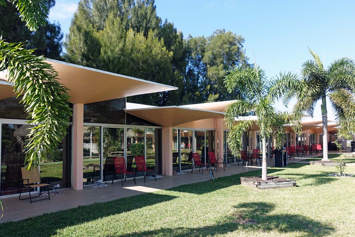 General view 5 of Warm Mineral Springs Inn showing the thin-shell concrete roof in January 2019.