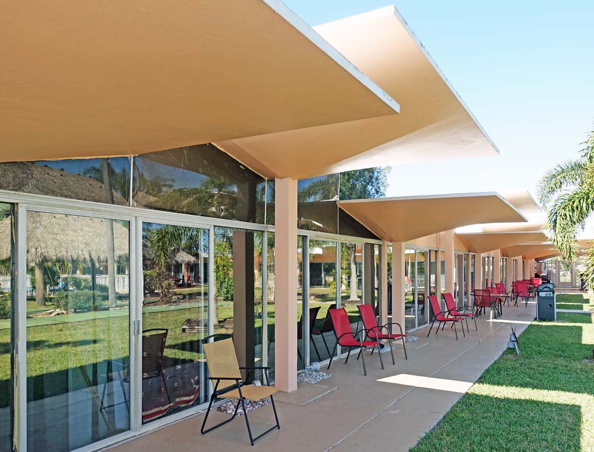 General view 6 of Warm Mineral Springs Inn showing the thin-shell concrete roof in January 2019.