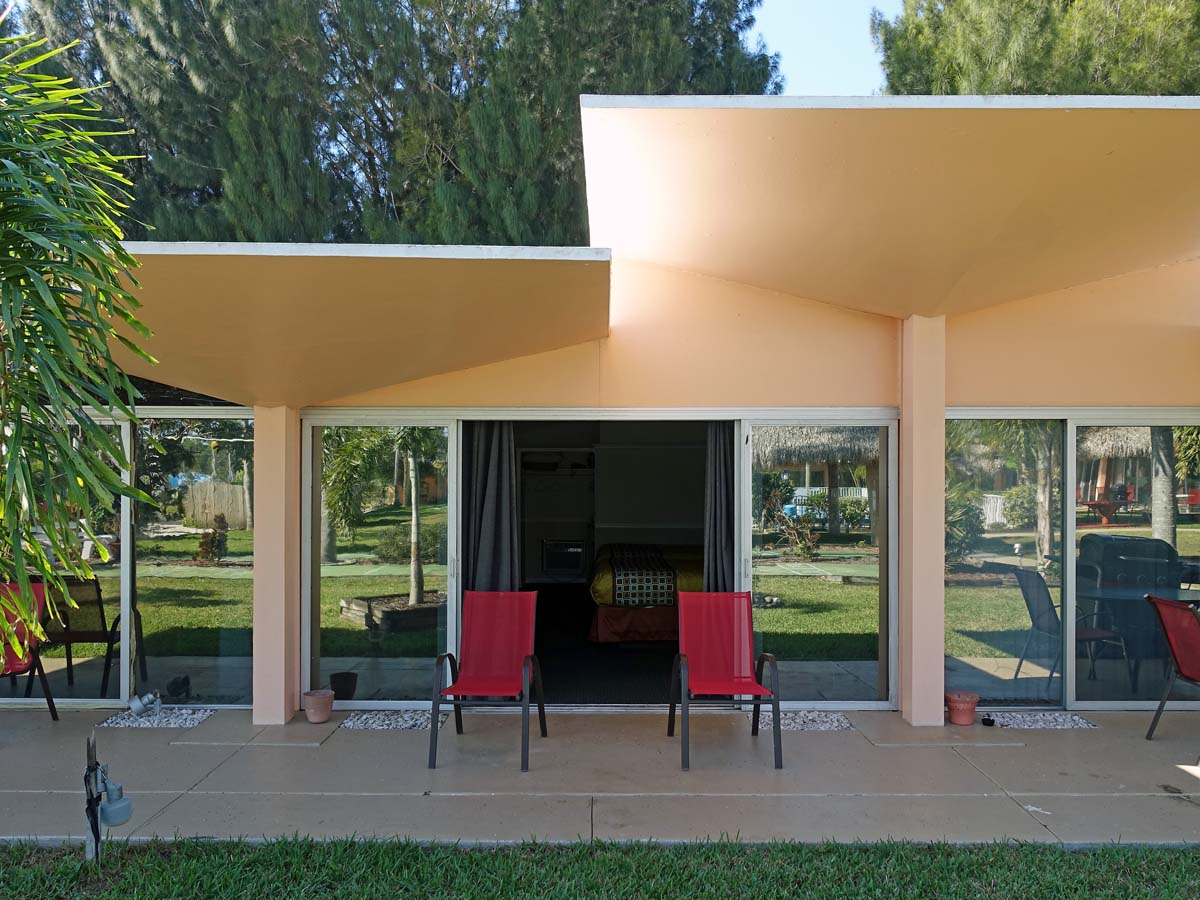 General view 8 of Warm Mineral Springs Inn showing the thin-shell concrete roof in January 2019.