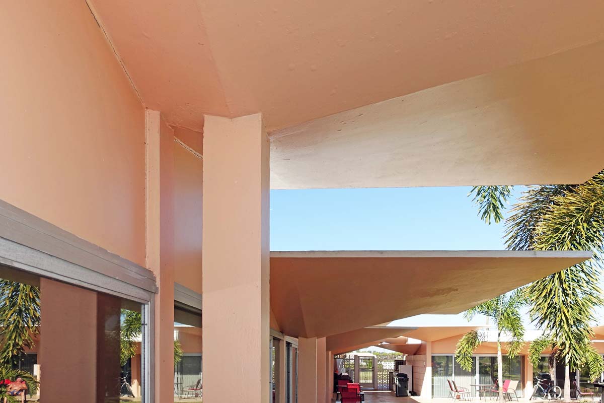 Close-up view 2 of Warm Mineral Springs Inn showing the thin-shell concrete roof in January 2019.