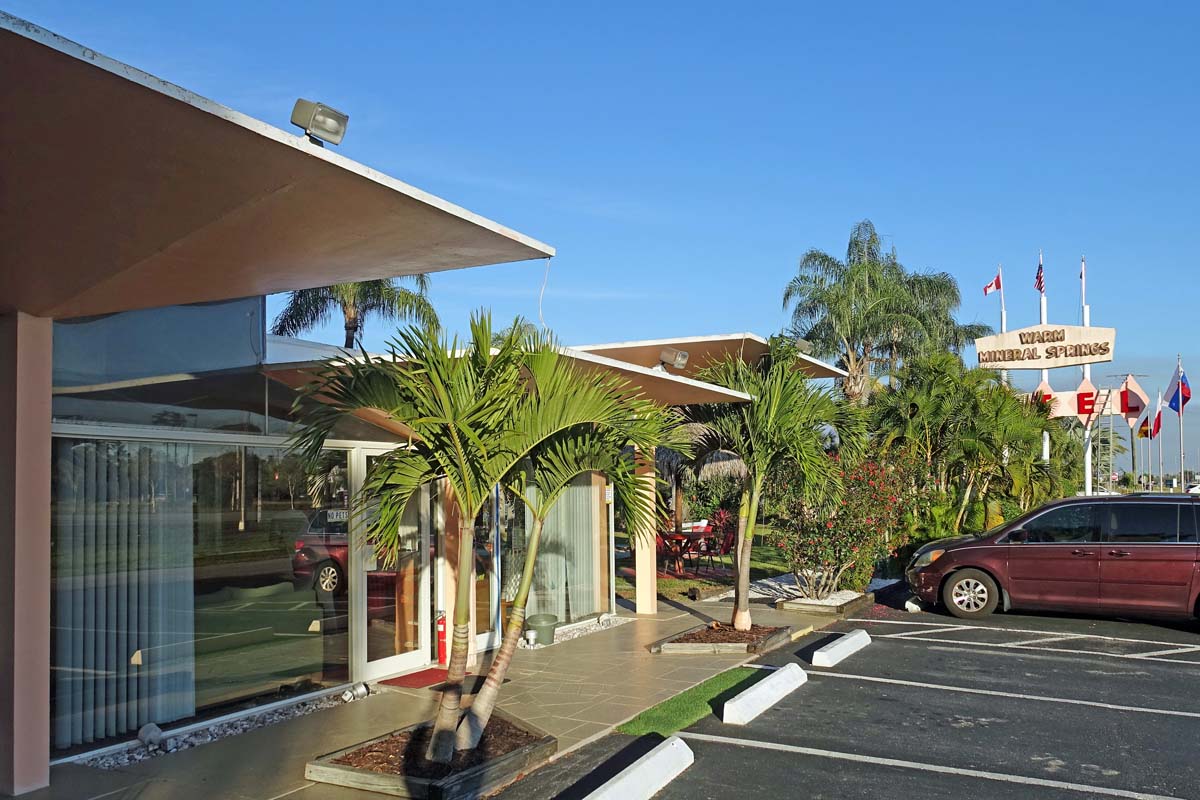 General view 9 of Warm Mineral Springs Inn showing the thin-shell concrete roof in January 2019.