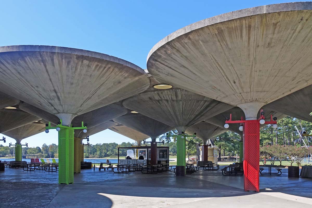 General view 1 of Robin Lake Pavilion showing the thin-shell concrete roofs in October 2018.