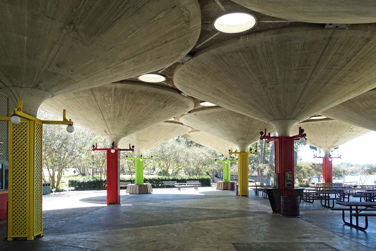 General view 2 of Robin Lake Pavilion showing the thin-shell concrete roofs in October 2018.