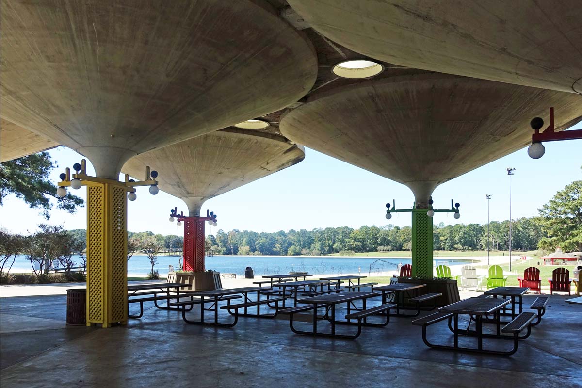 General view 3 of Robin Lake Pavilion showing the thin-shell concrete roofs in October 2018.