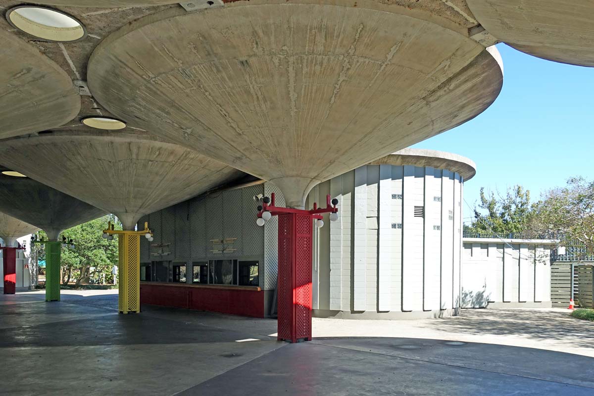 General view 4 of Robin Lake Pavilion showing the thin-shell concrete roofs in October 2018.