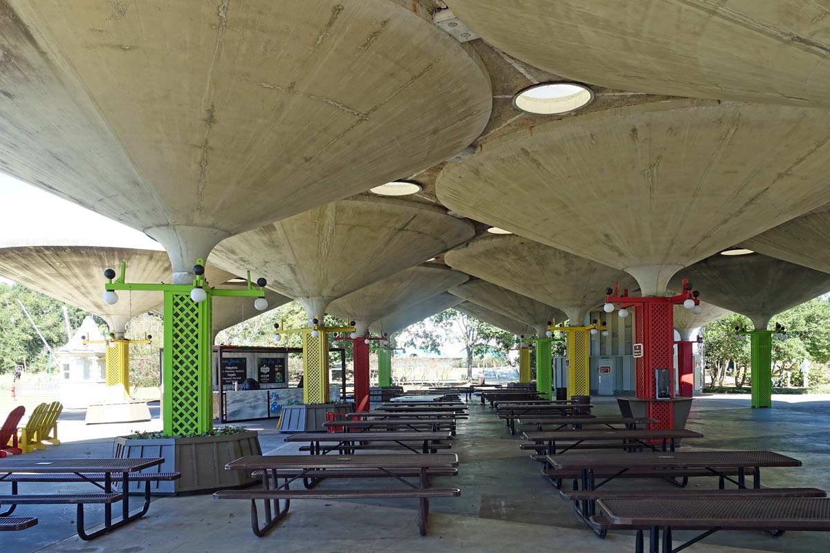 General view 5 of Robin Lake Pavilion showing the thin-shell concrete roofs in October 2018.