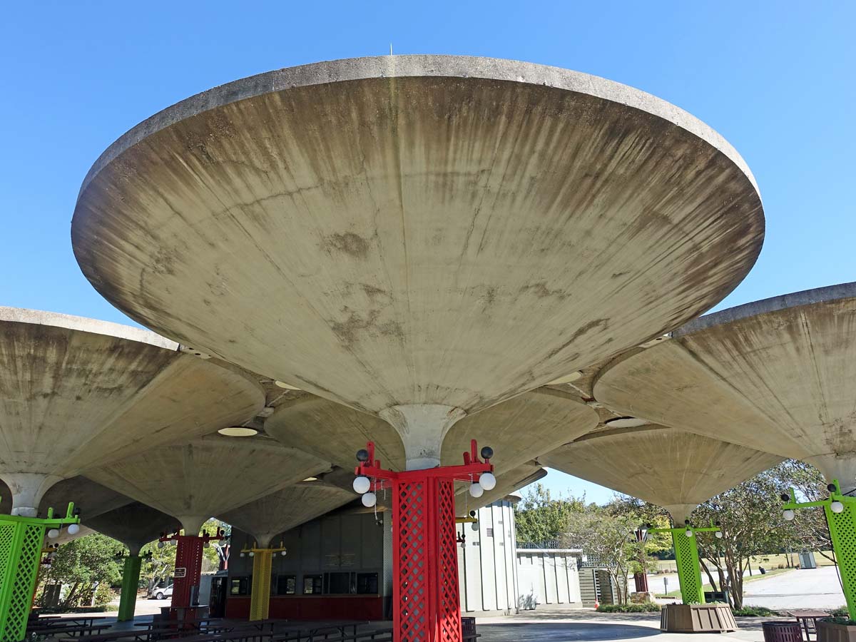 General view 6 of Robin Lake Pavilion showing the thin-shell concrete roofs in October 2018.