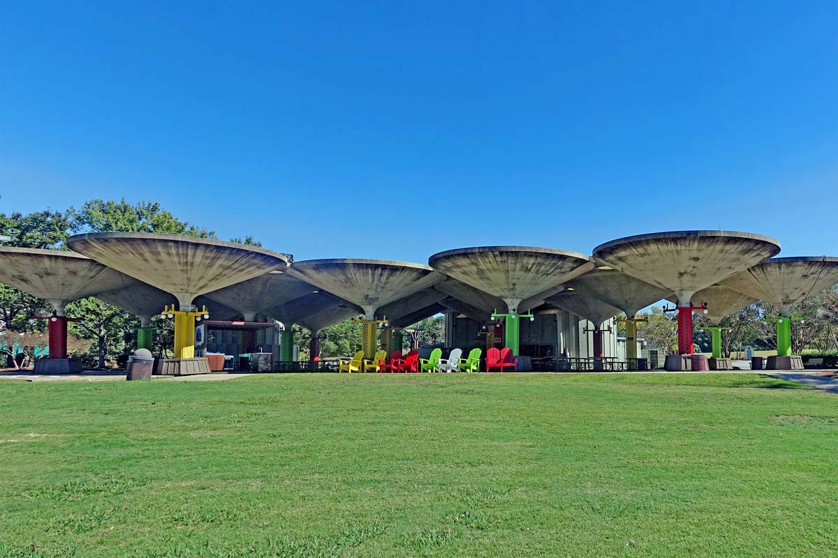 General view 7 of Robin Lake Pavilion showing the thin-shell concrete roofs in October 2018.