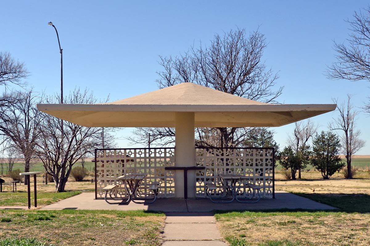 General view 1 of Colby Rest Area Shelters showing the thin-shell concrete roof in April 2018.